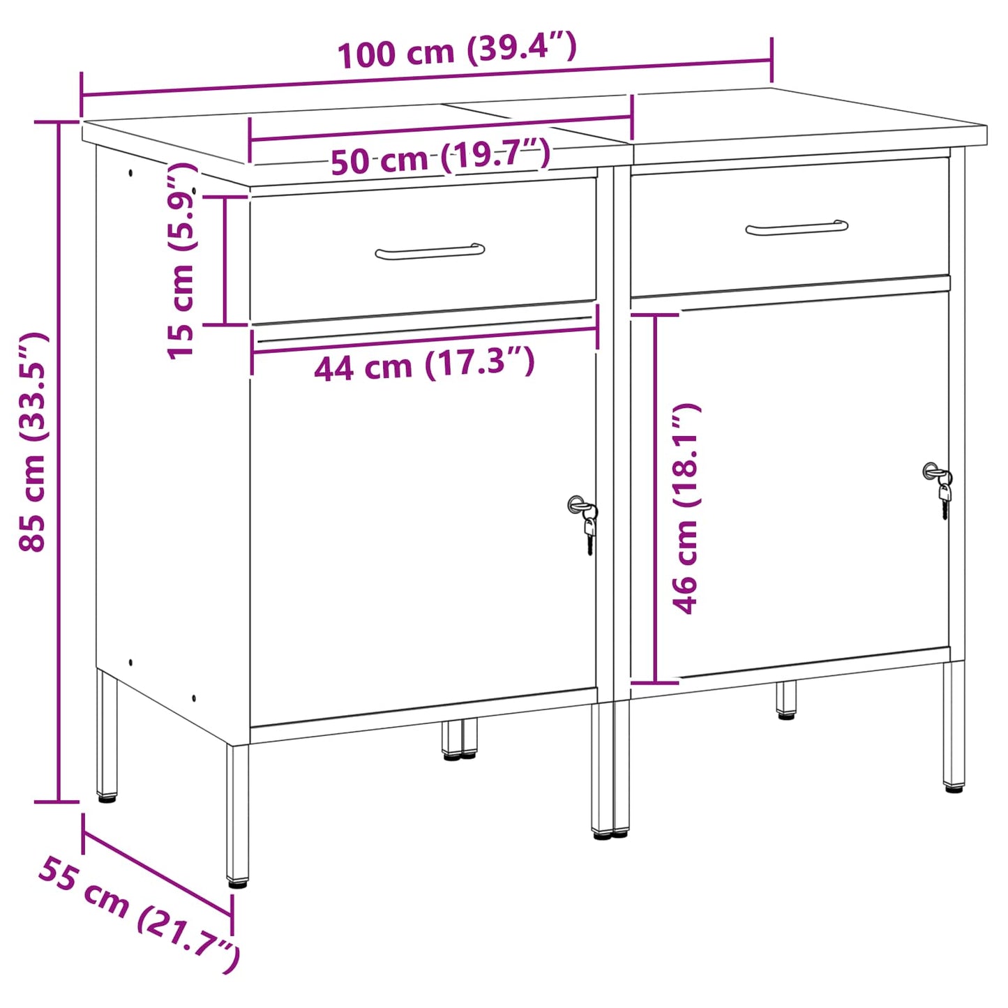 Arbejdsskab med skuffe 2 stk. Sort og grå 100 x 55 x 85 cm