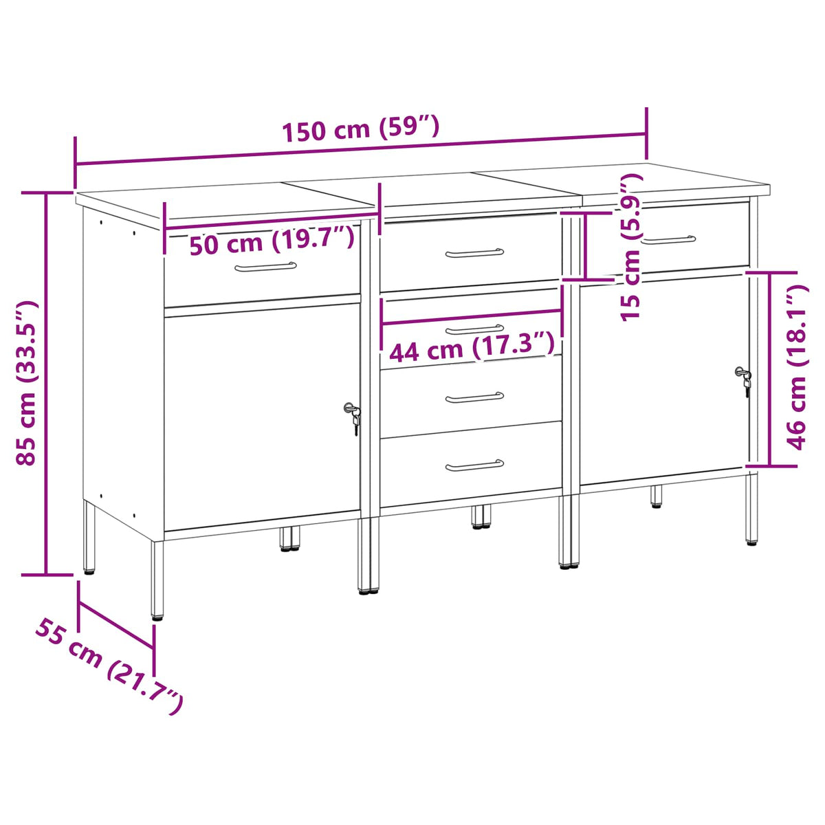 Arbejdsskab med skuffe 3 stk. Sort og grå 150 x 55 x 85 cm