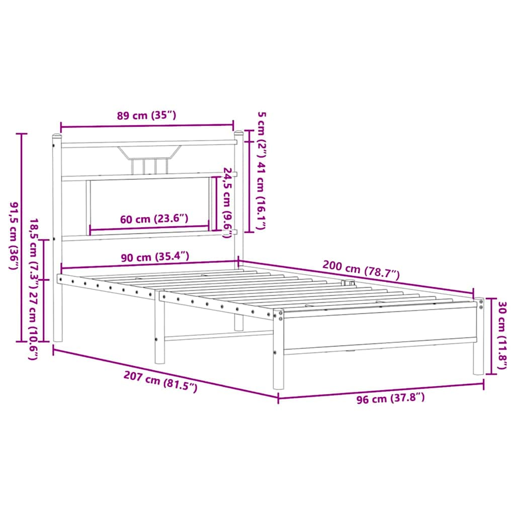 sengeramme 90x200 cm uden madras konstrueret træ sonoma-eg