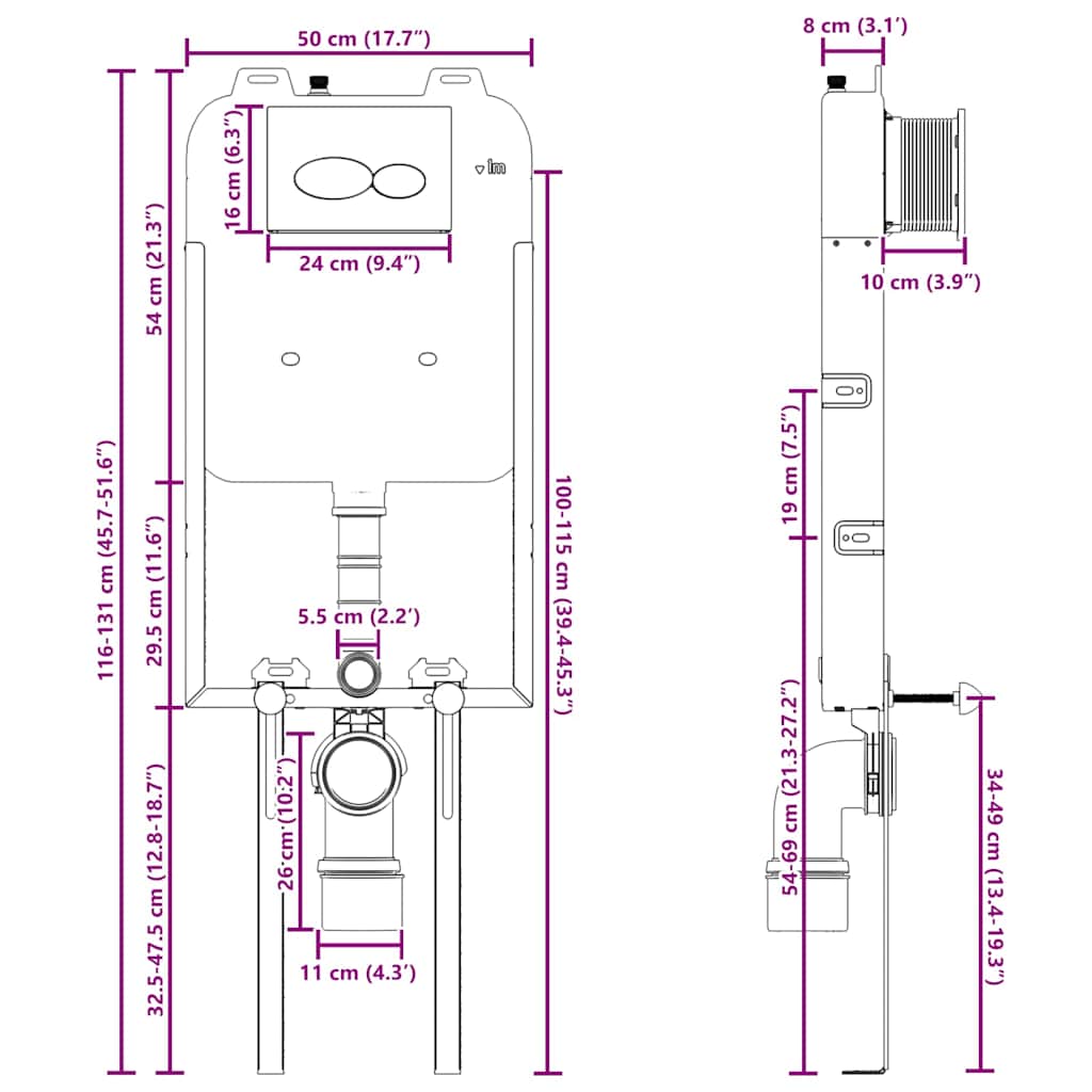 Cisternramme med opbevaring Hvid 50 x 8 x 131 cm Stål