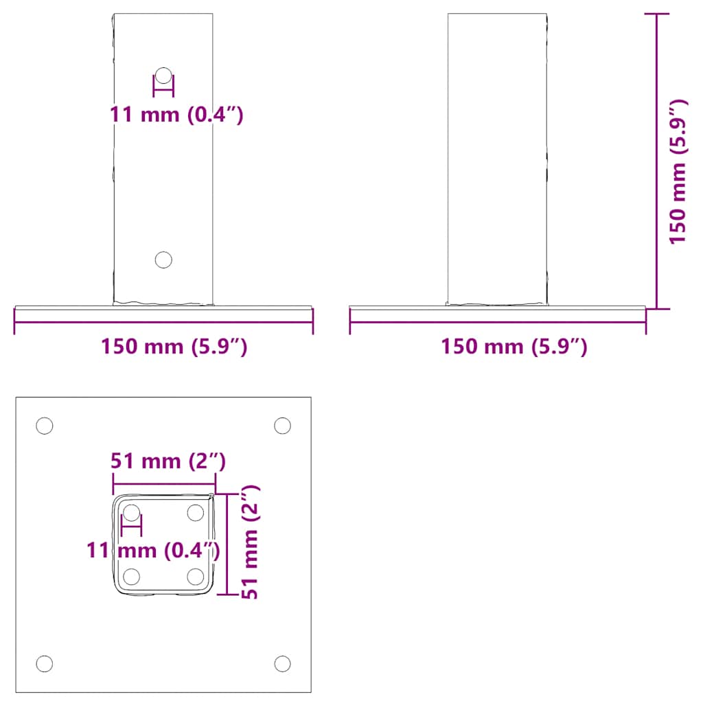 stolpefødder firkantet 12 stk. 51x51 mm galvaniseret stål