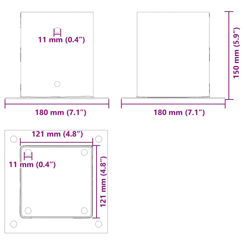 stolpefødder firkantet 12 stk. 121x121 mm pulverlakeret stål