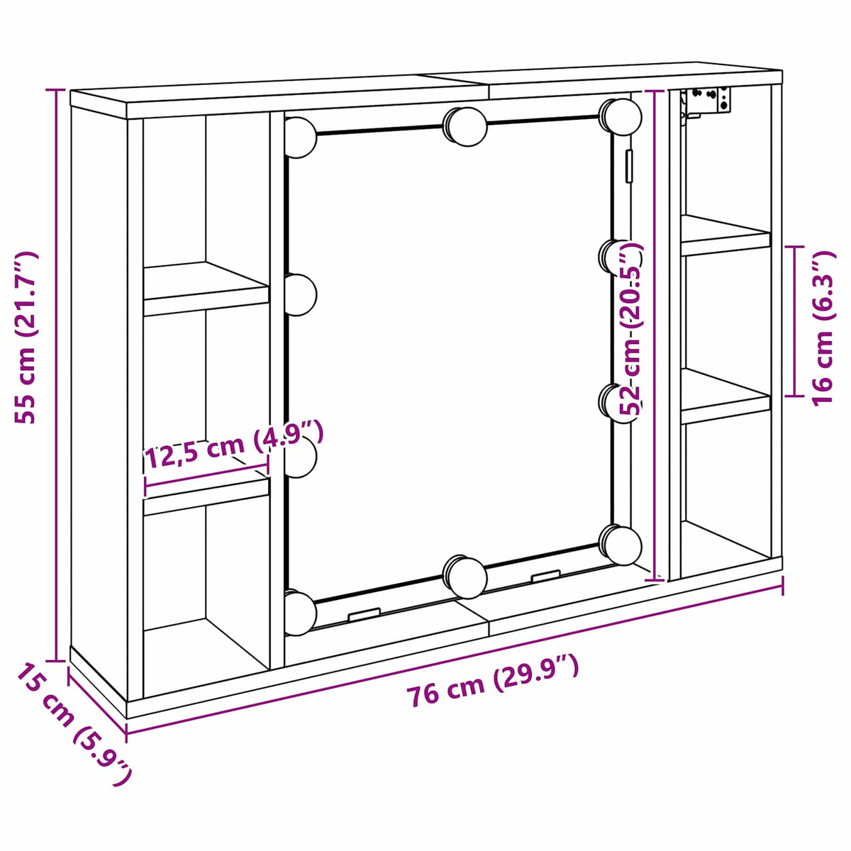 Spejlskab med spejllys Sort eg 76 x 15 x 55 cm Konstrueret træ