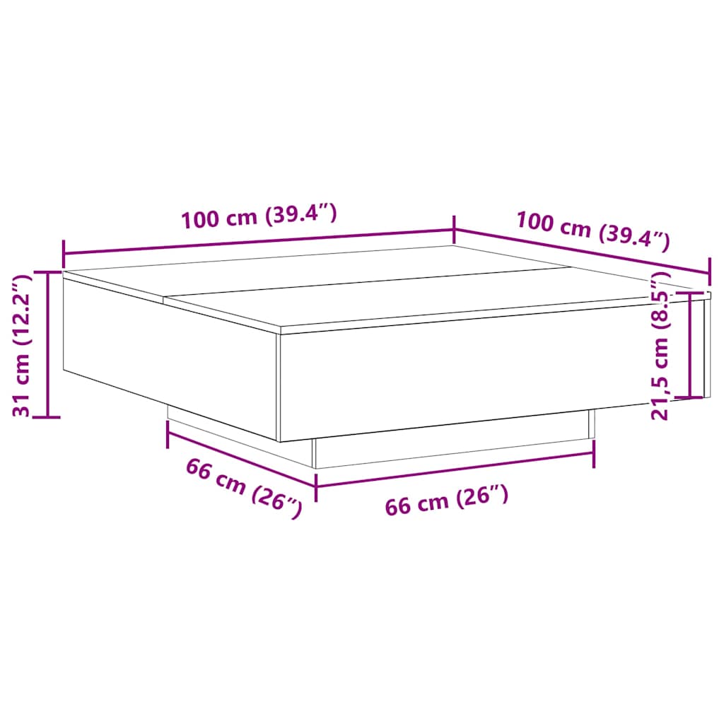 Kaffebord med LED Strip Lys Gammelt træ 100 x 100 x 31 cm