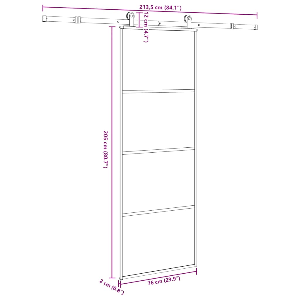 skydedør med hardwaresæt 76x205 cm sikkerhedsglas aluminium