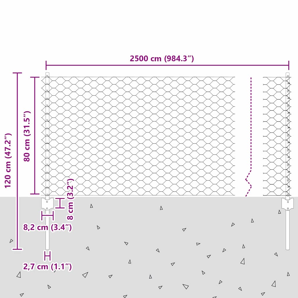 Sekskantet hegn med stolpe 25 x 0,8 m PVC-belagt stål Grå Mesh