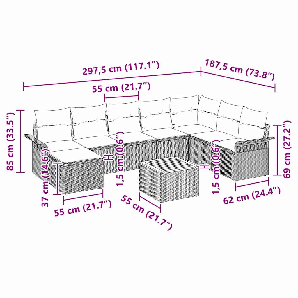 Havesofa Sæt 9 stk. Beige polyrattan