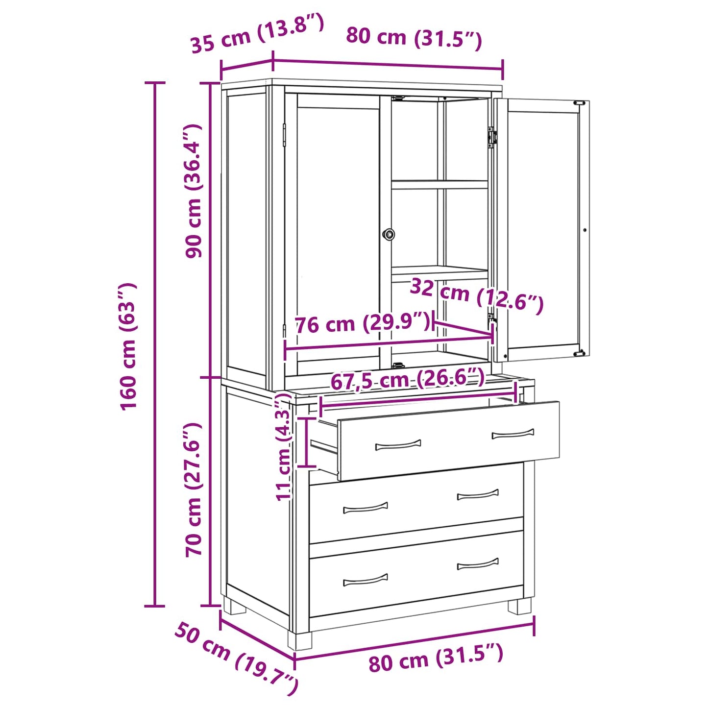 Opbevaringsmøbel Sæt med skuffe 2 stk. Brun 80 x 50 x 160 cm