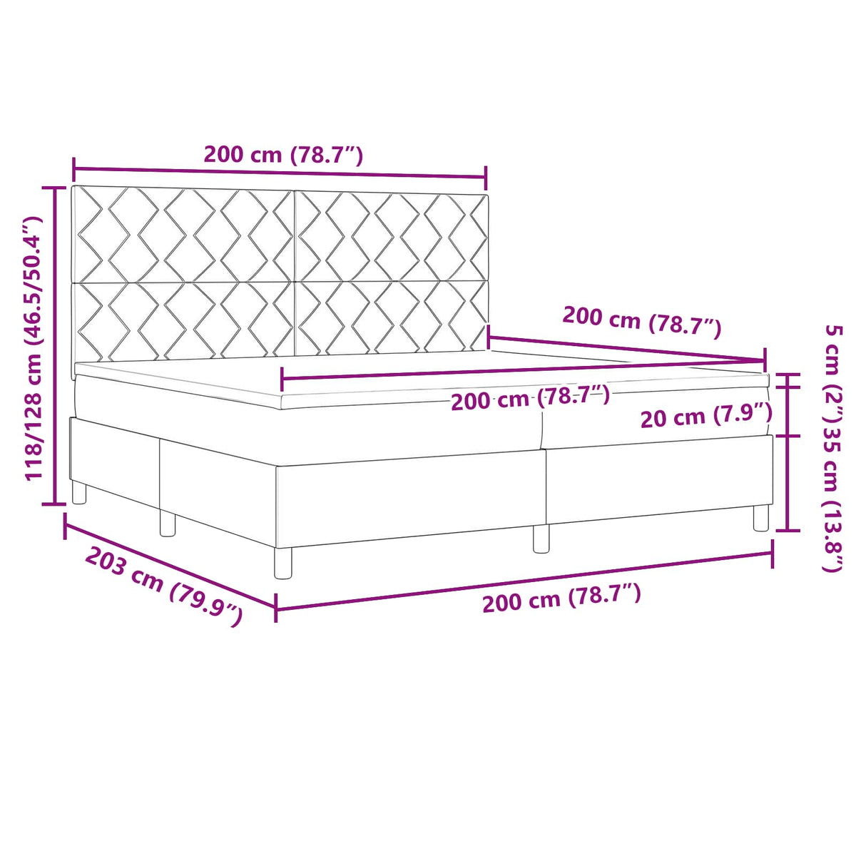 Box spring seng med LED-lysstrimler Lysegrå 200 x 200 cm Stof