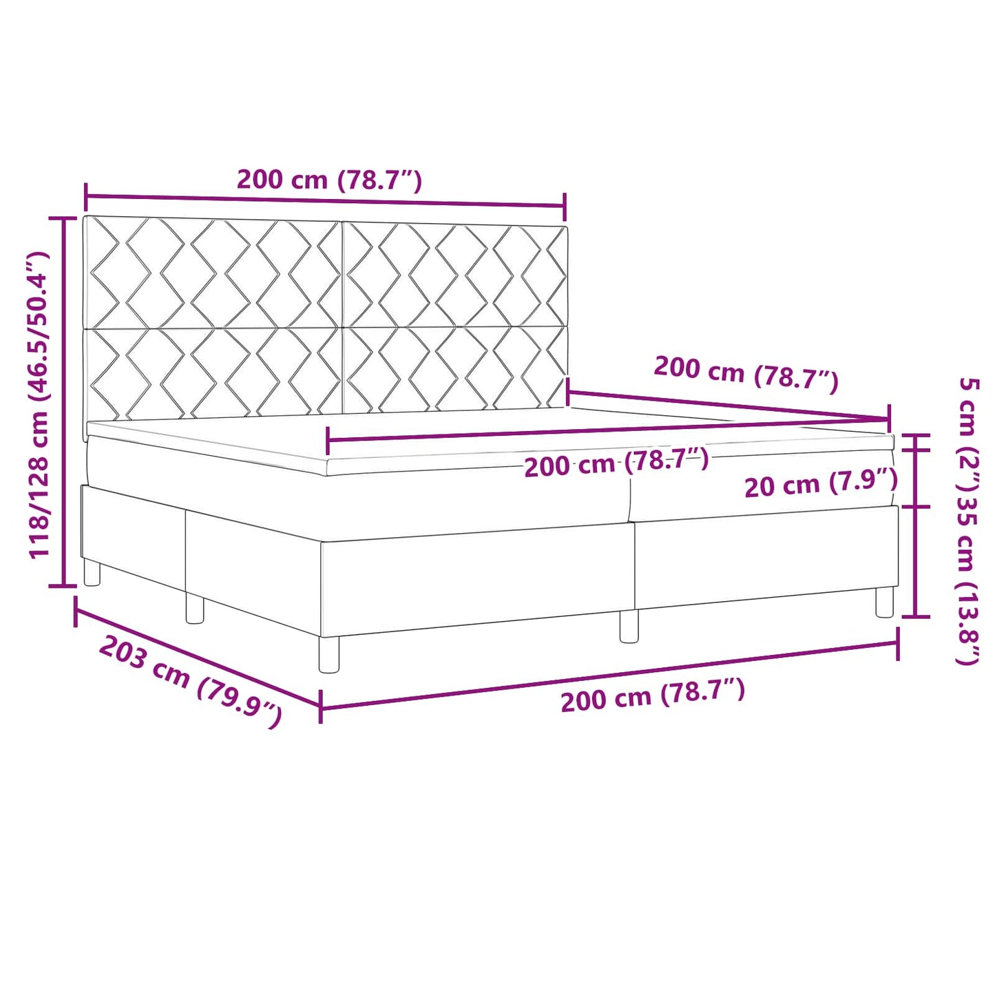 Box spring seng med LED-lysstrimler Mørkegrå 200 x 200 cm Stof