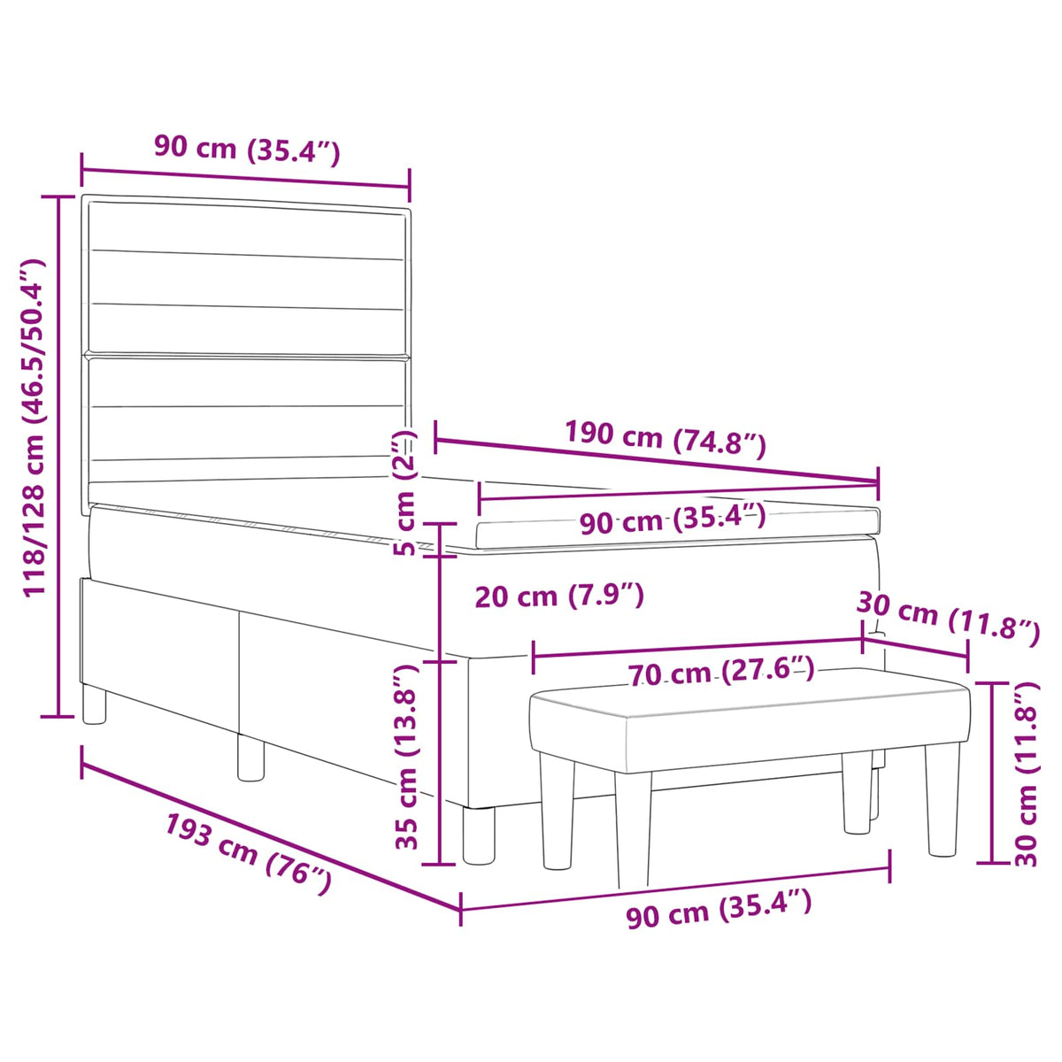 Box spring seng med pude Mørkegrå 90 x 190 cm Stof
