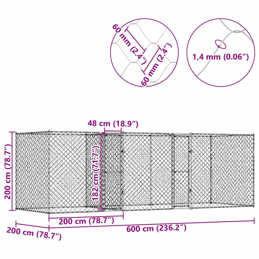 Hundebur Sølv 600 x 200 x 200 cm Galvaniseret stål