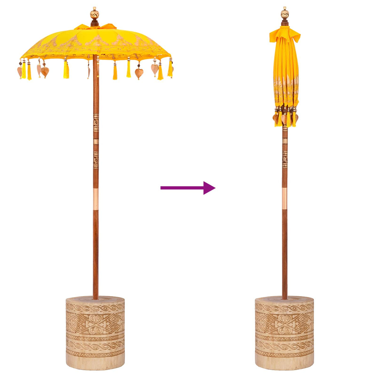 Balinesisk parasol med base Gul 95 x 95 x 260 cm