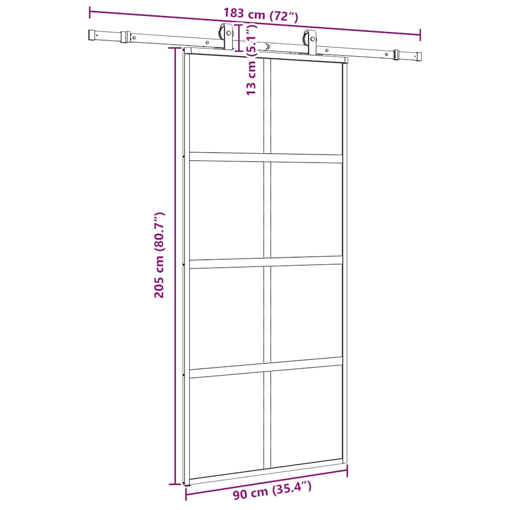 skydedør med hardwaresæt 90x205 cm hærdet glas sort