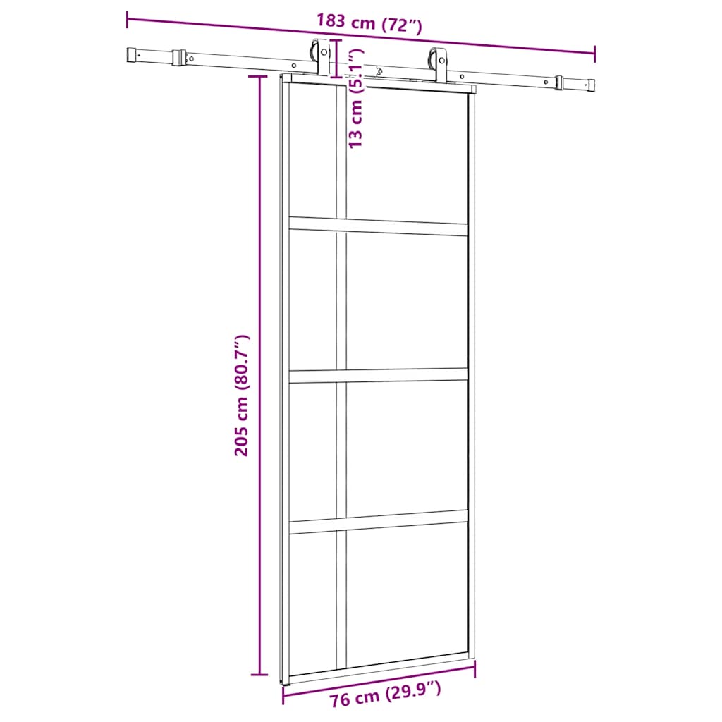 skydedør med hardwaresæt 76x205 cm hærdet glas sort