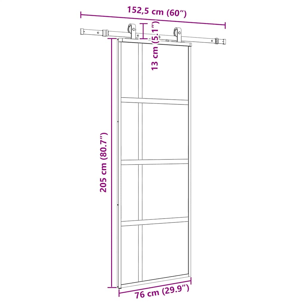 skydedør med hardwaresæt 76x205 cm hærdet glas sort