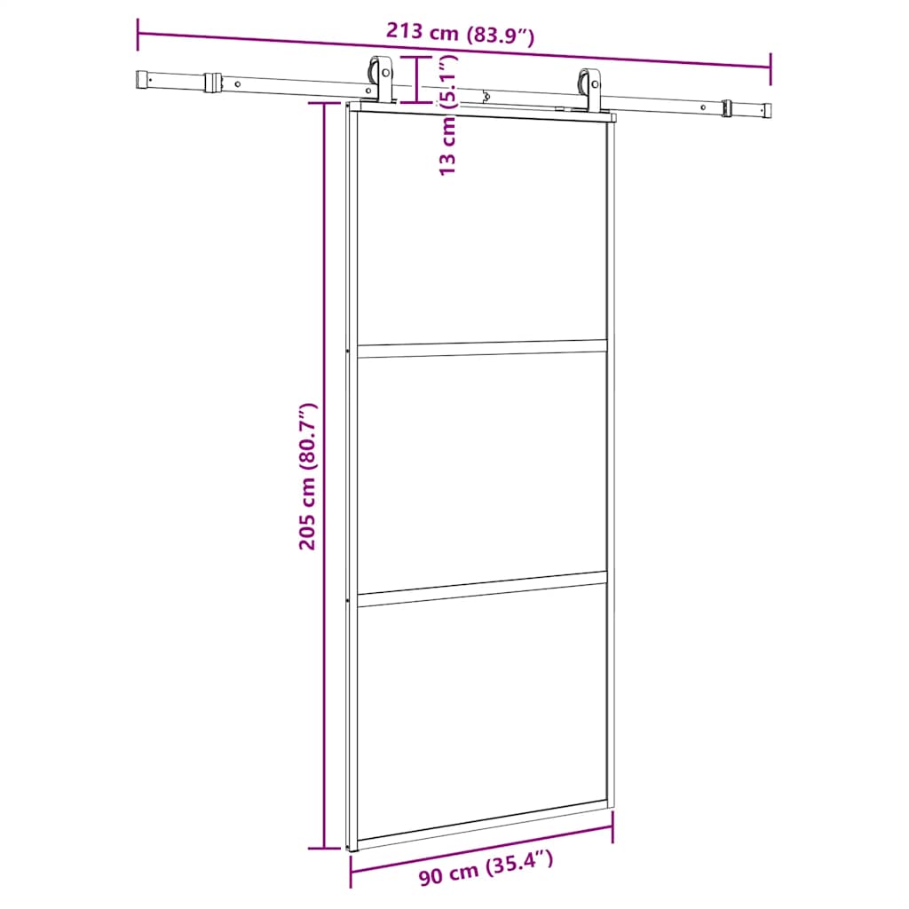 skydedør med hardwaresæt 90x205 cm hærdet glas sort