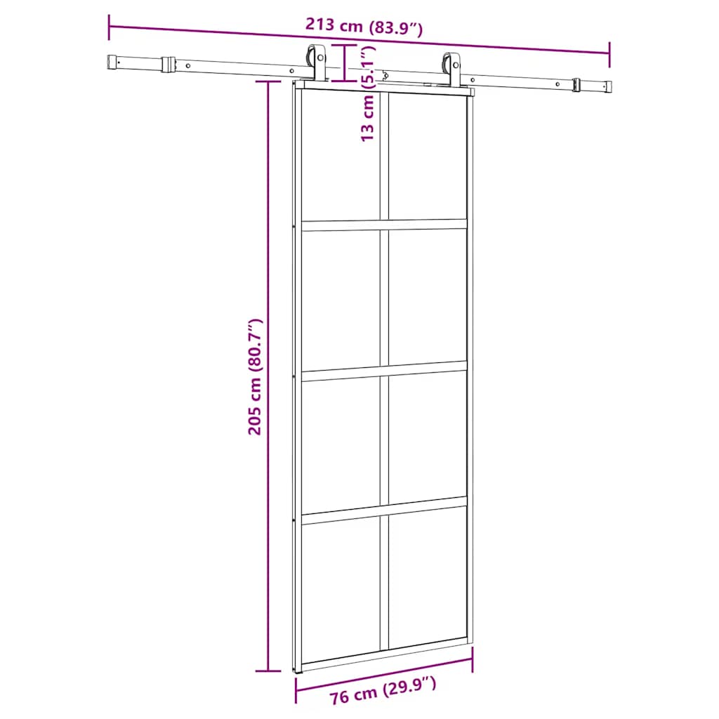 skydedør med hardwaresæt 76x205 cm hærdet glas sort