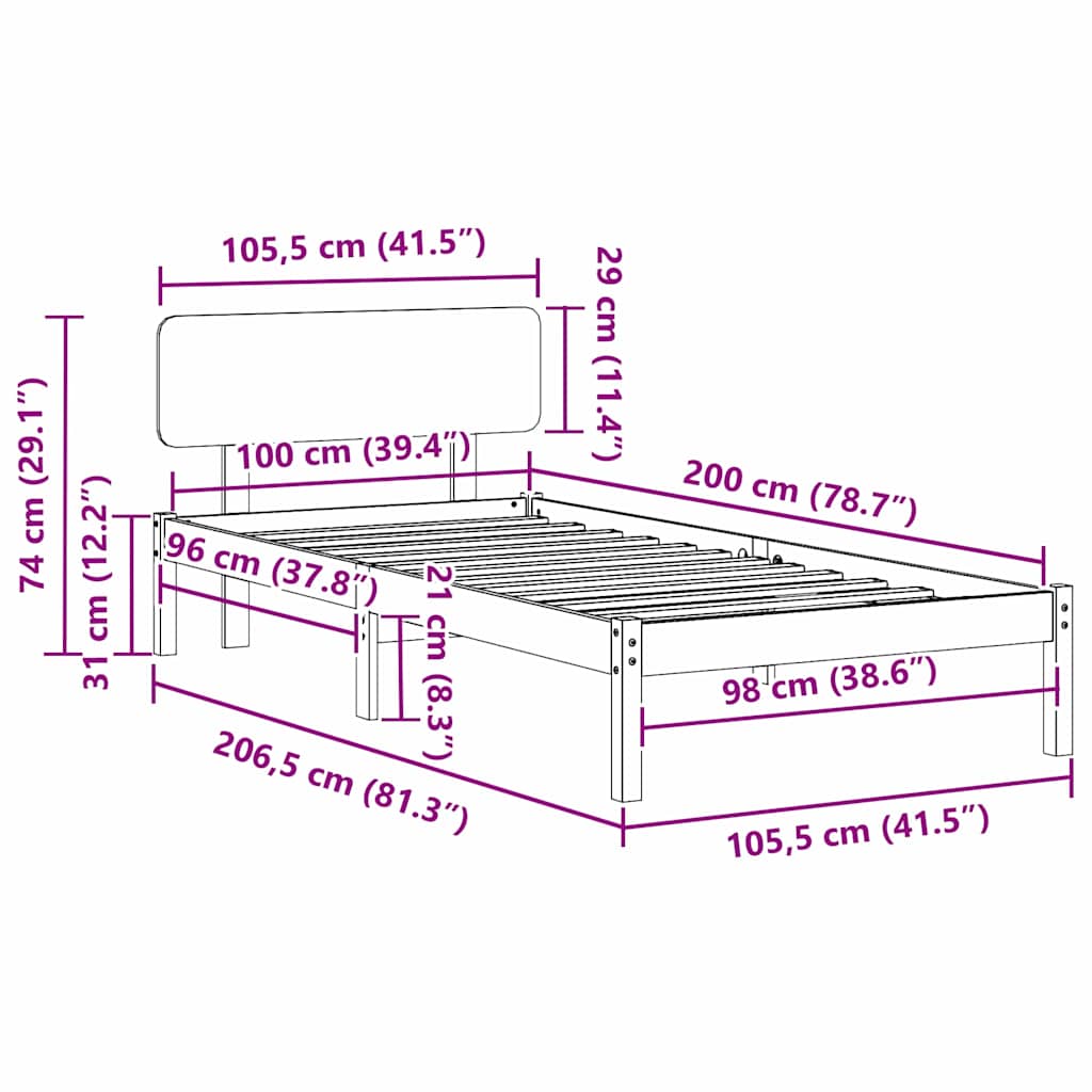Sengestel med hovedgærde Hvid 100 x 200 cm Massiv fyrretræ