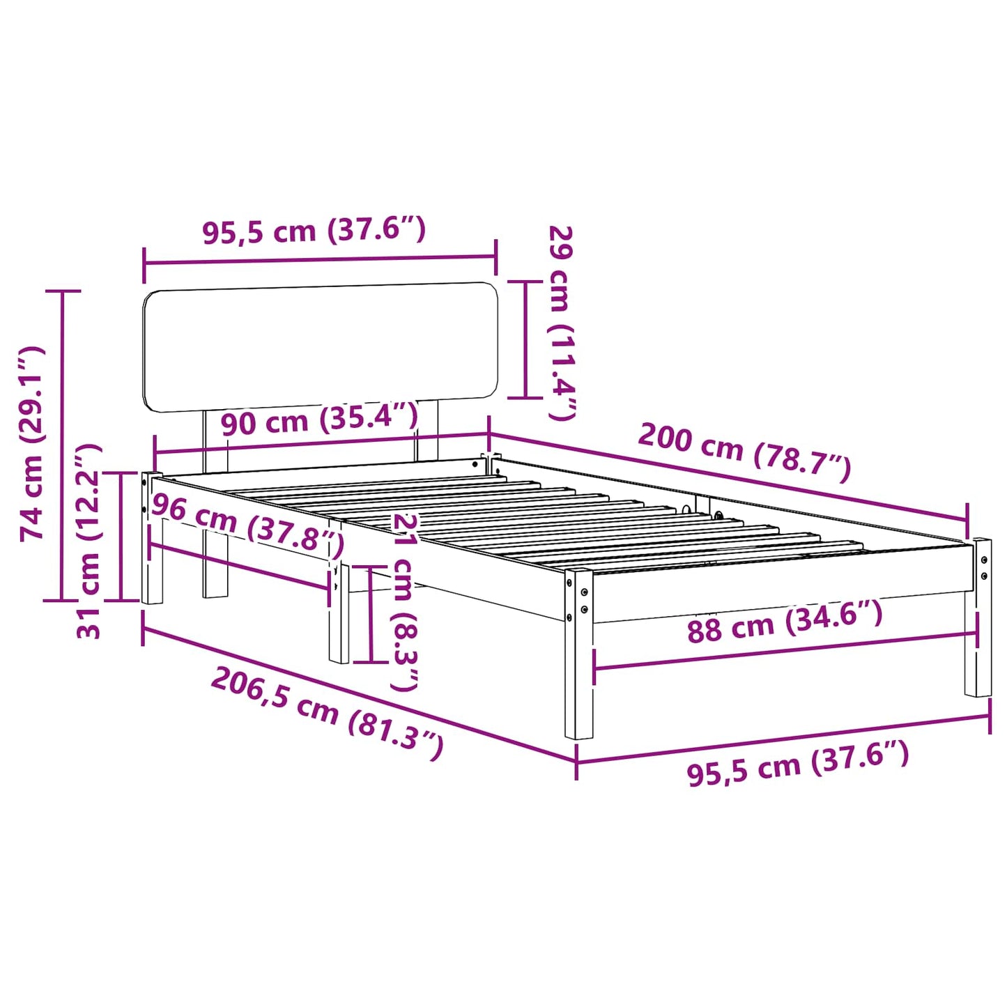 Sengestel med hovedgærde Hvid 90 x 200 cm Massiv fyrretræ