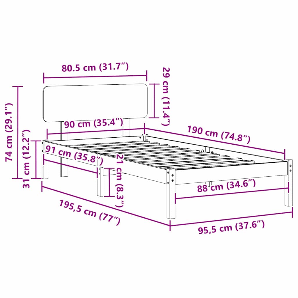Sengestel med hovedgærde Voks brun 90 x 190 cm Massiv fyrretræ