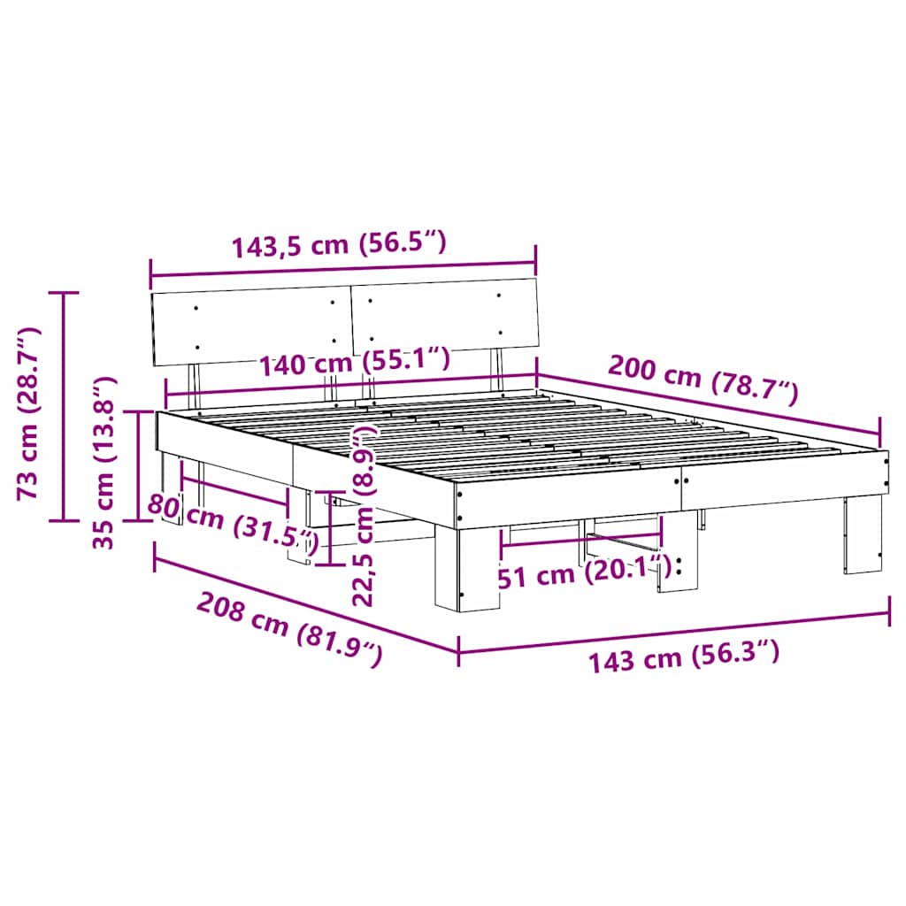 Sengestel Naturfarvet 140 x 200 cm Massiv fyrretræ
