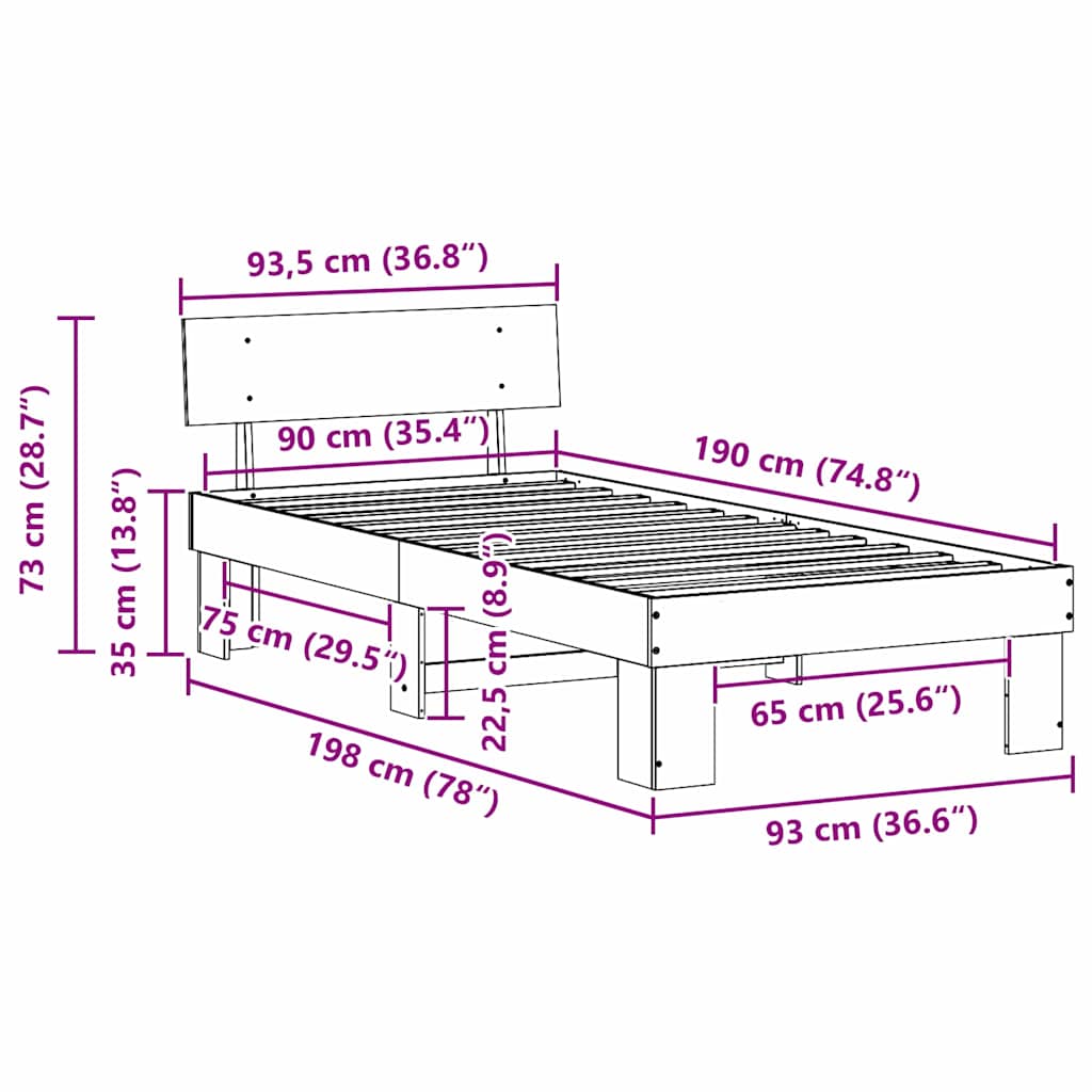 Sengestel med hovedgærde Voks brun 90 x 190 cm Massiv fyrretræ