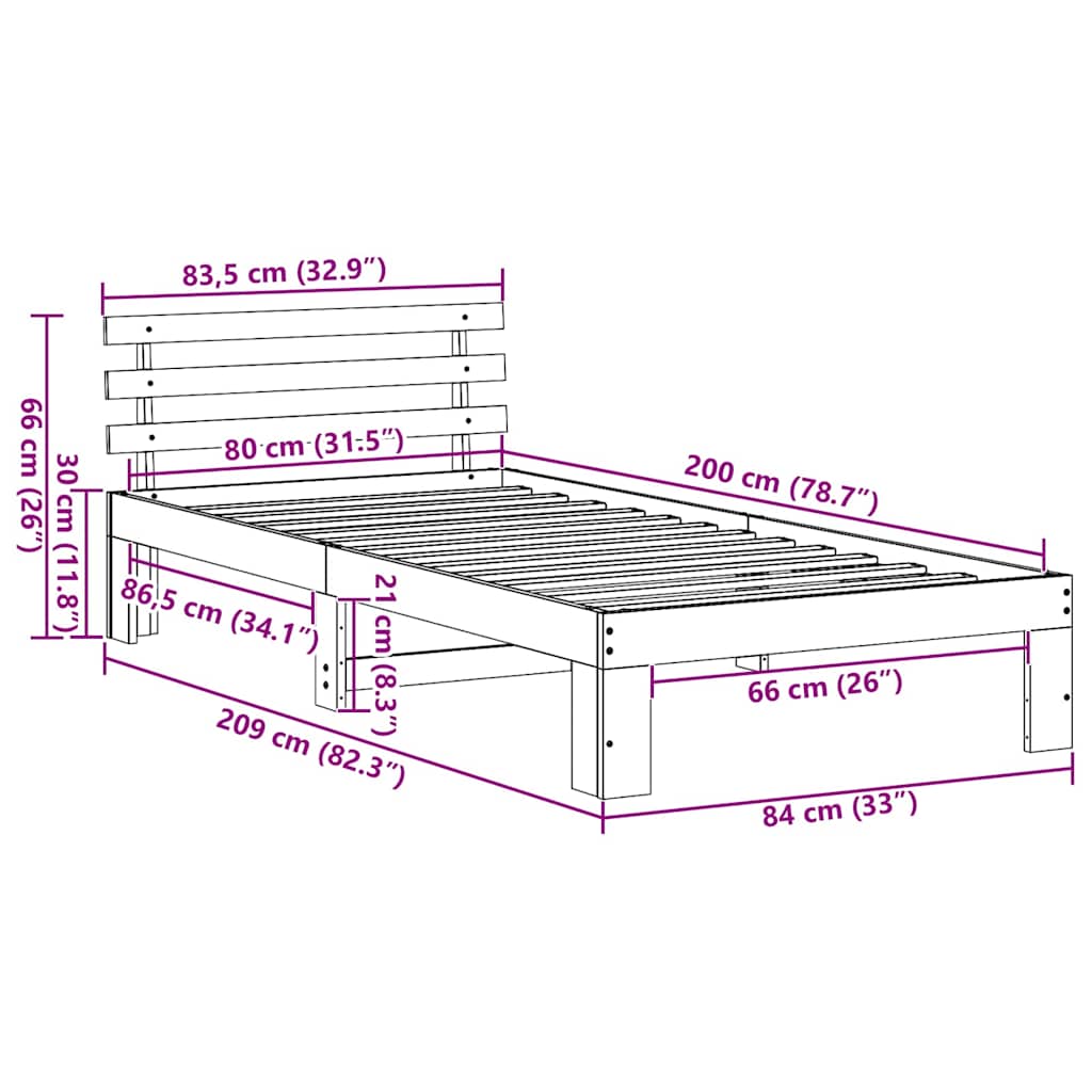 Sengestel med hovedgærde Hvid 80 x 200 cm Massiv fyrretræ