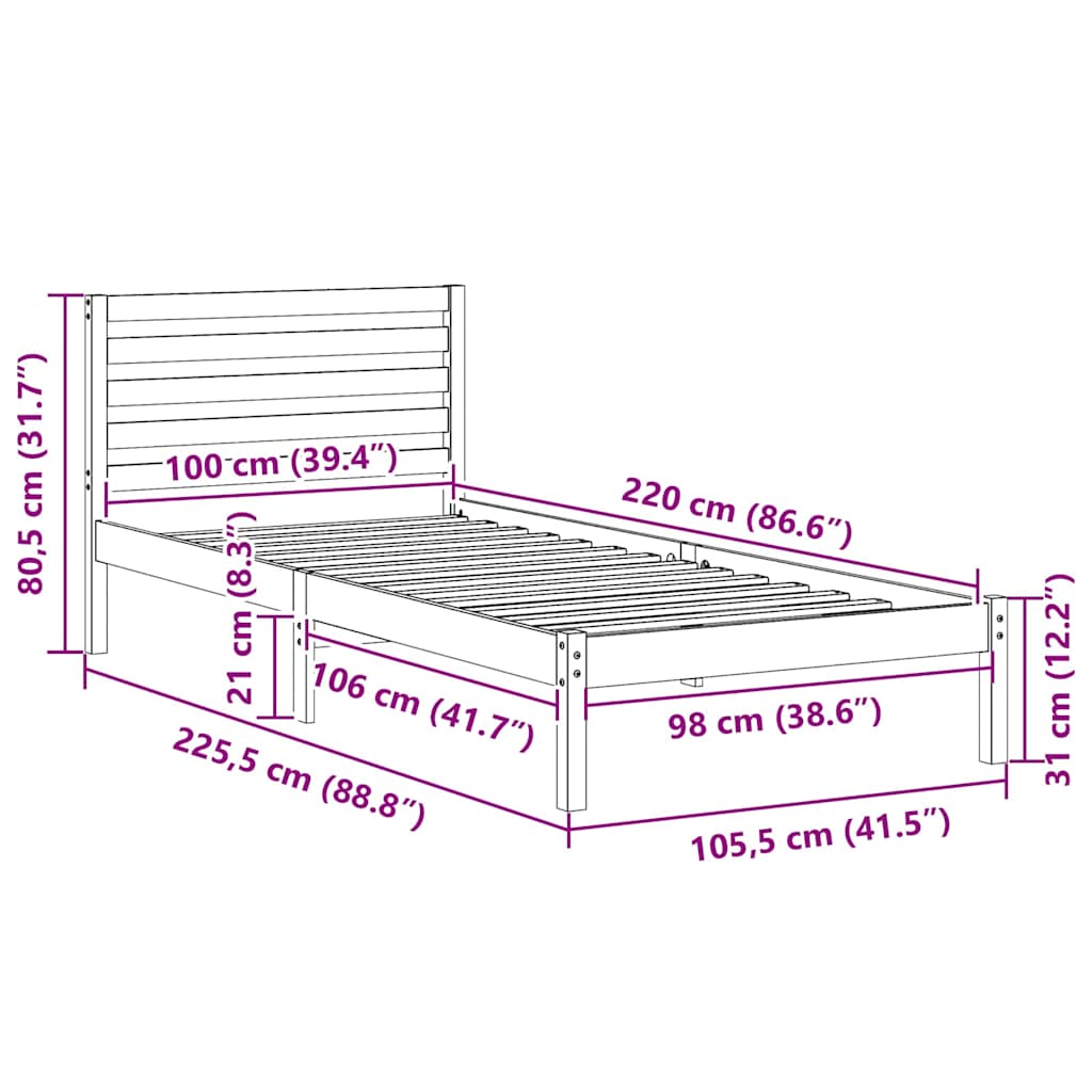 Sengestel med hovedgærde Voks brun 100 x 220 cm Massiv fyrretræ