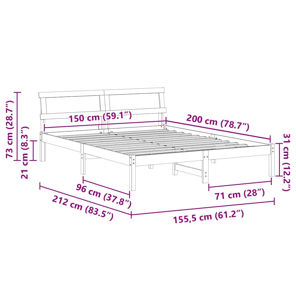 Sengestel med hovedgærde Hvid 150 x 200 cm Massiv fyrretræ