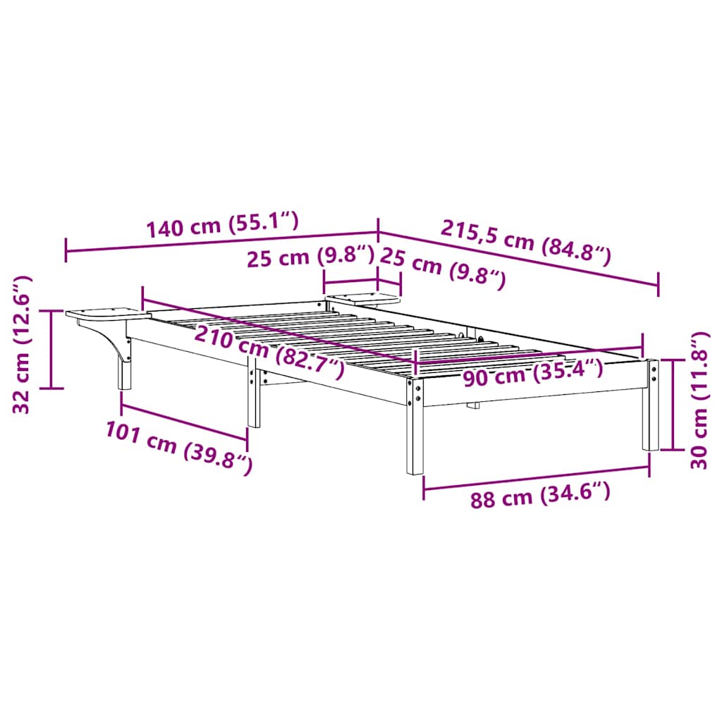 Sengestel med sideborde Hvid 90 x 210 cm Massiv fyrretræ
