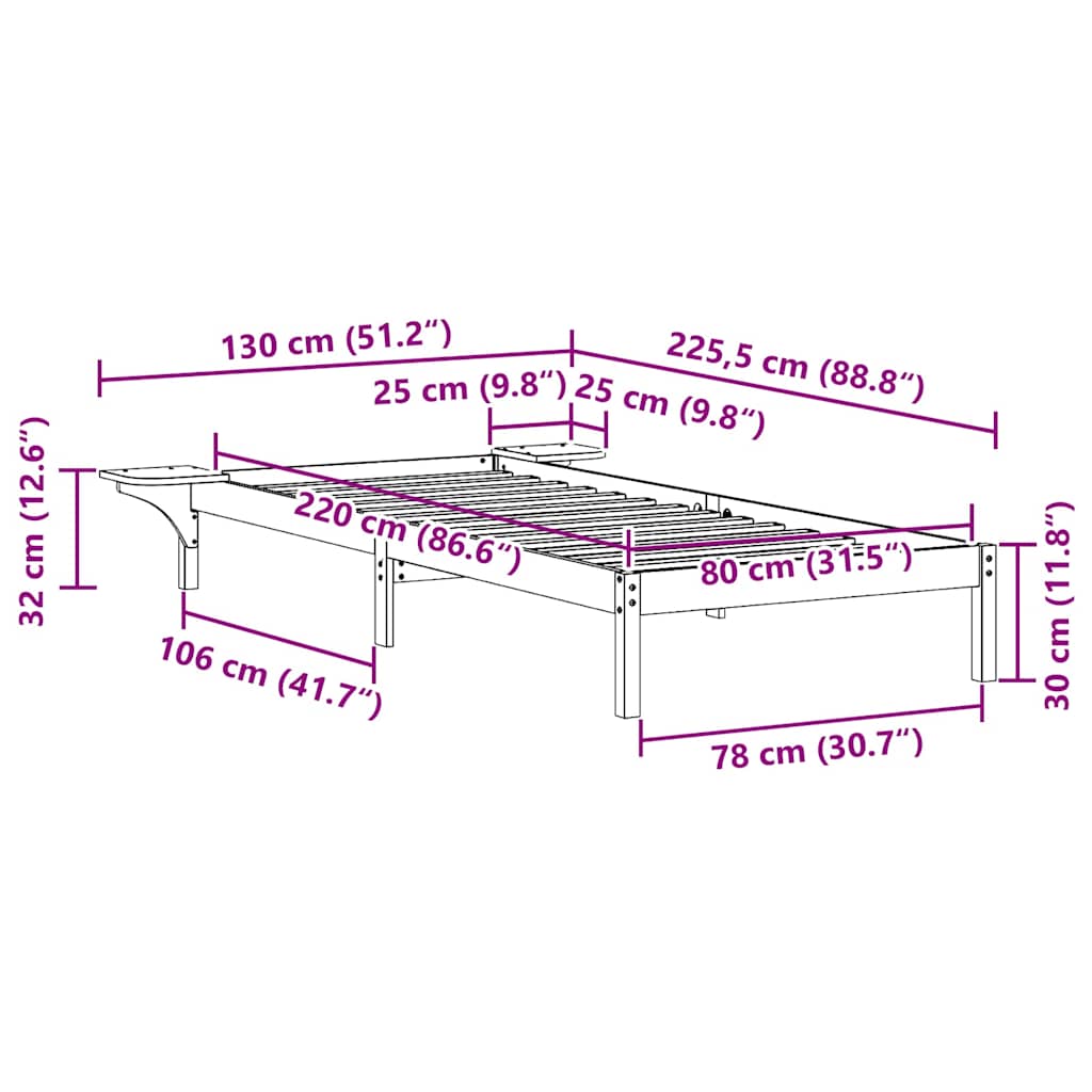 Sengestel med sideborde Voks brun 80 x 220 cm Massiv fyrretræ