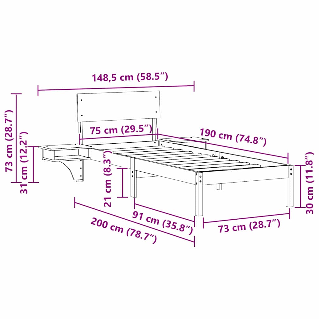 Sengestel med hovedgærde Brun 75 x 190 cm Massiv fyrretræ