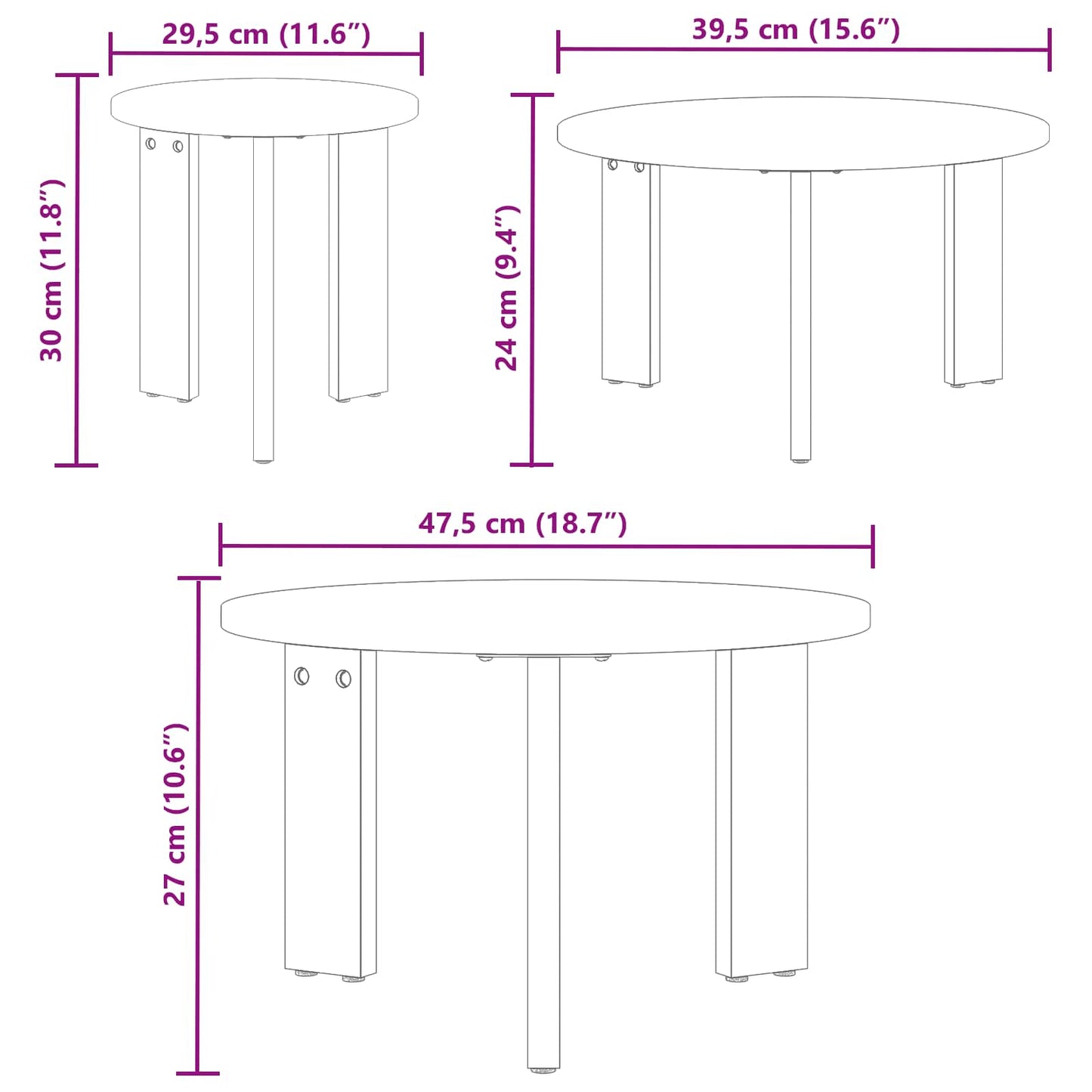 Sofabord 3 stk. Voks brun 47,5 x 47,5 x 27 cm Massivt fyrretræ