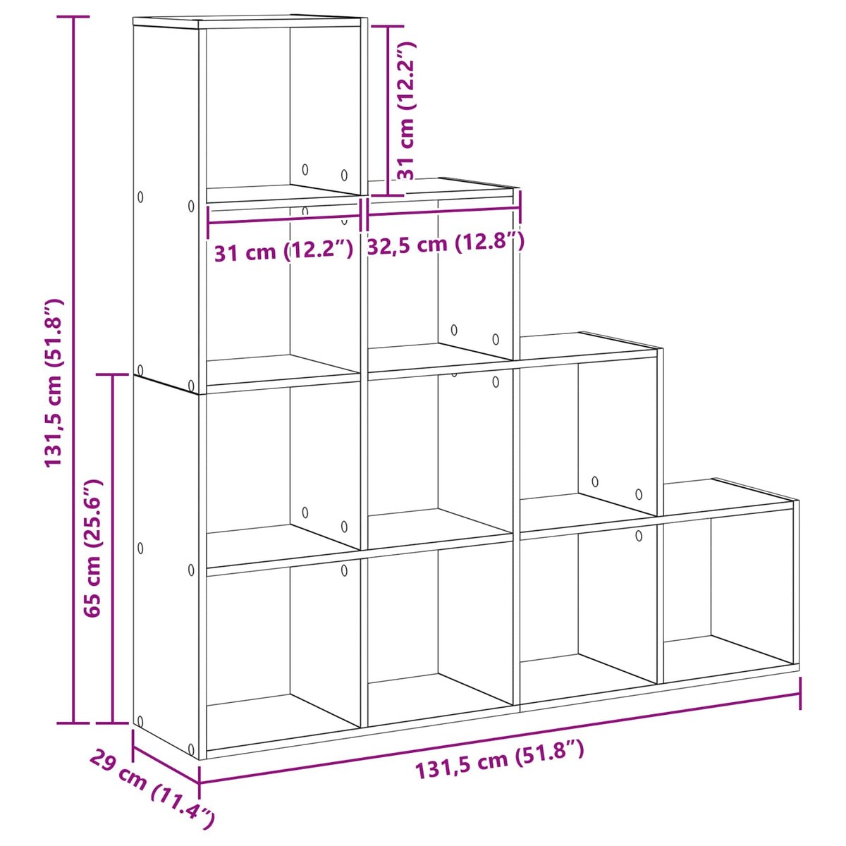 Rumdivider boghylde 10 niveauer 131,5 x 29 x 131,5 cm Sort eg