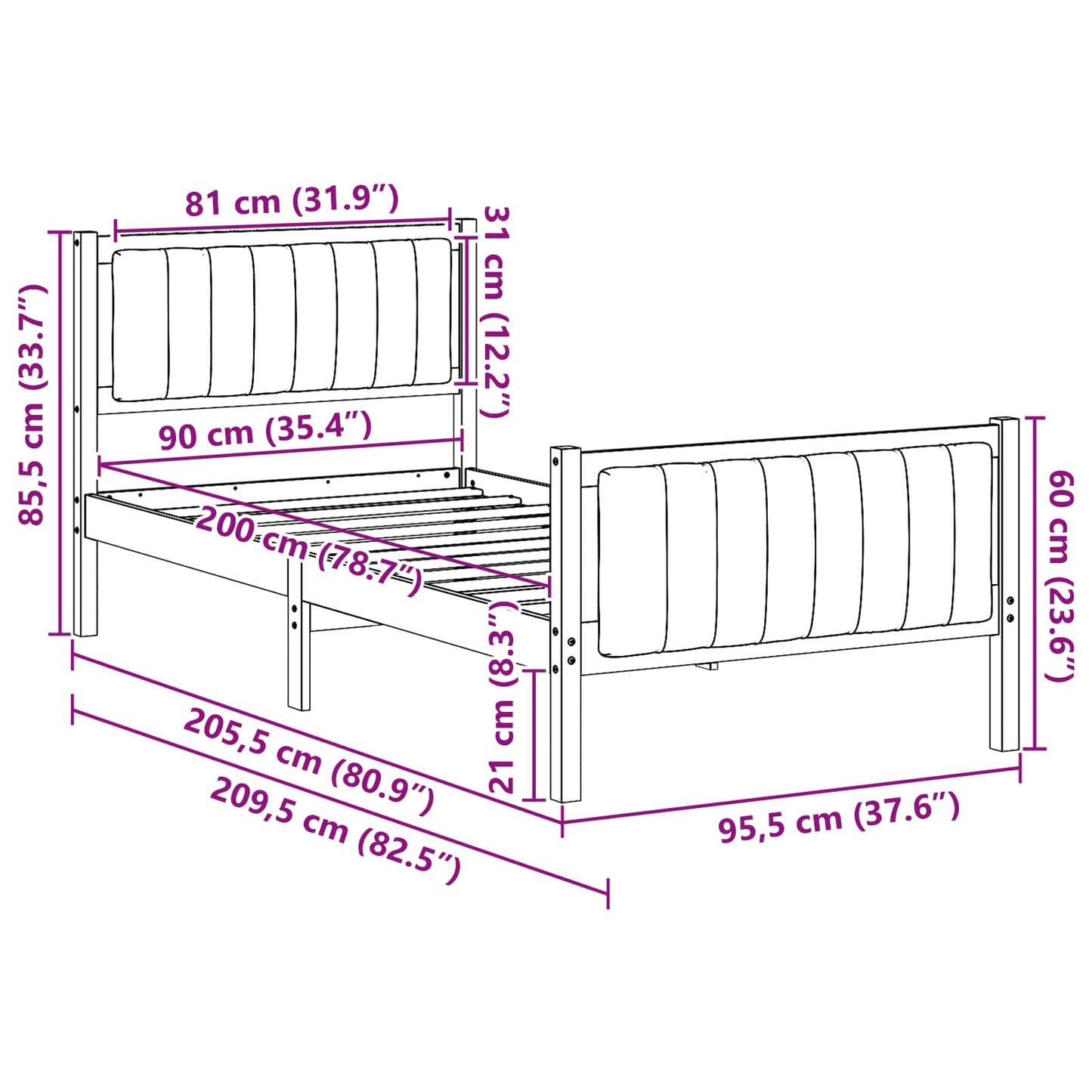 Sengestel brun og mørkegrå 90 x 200 cm Massivt fyrretræ