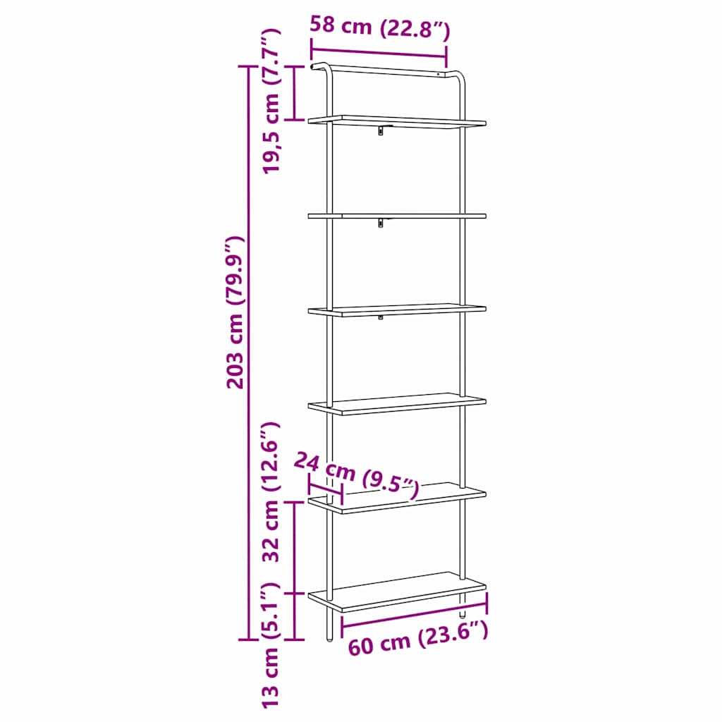 Bogreol 6 niveauer 60 x 24 x 203 cm Konstrueret træ Sort eg