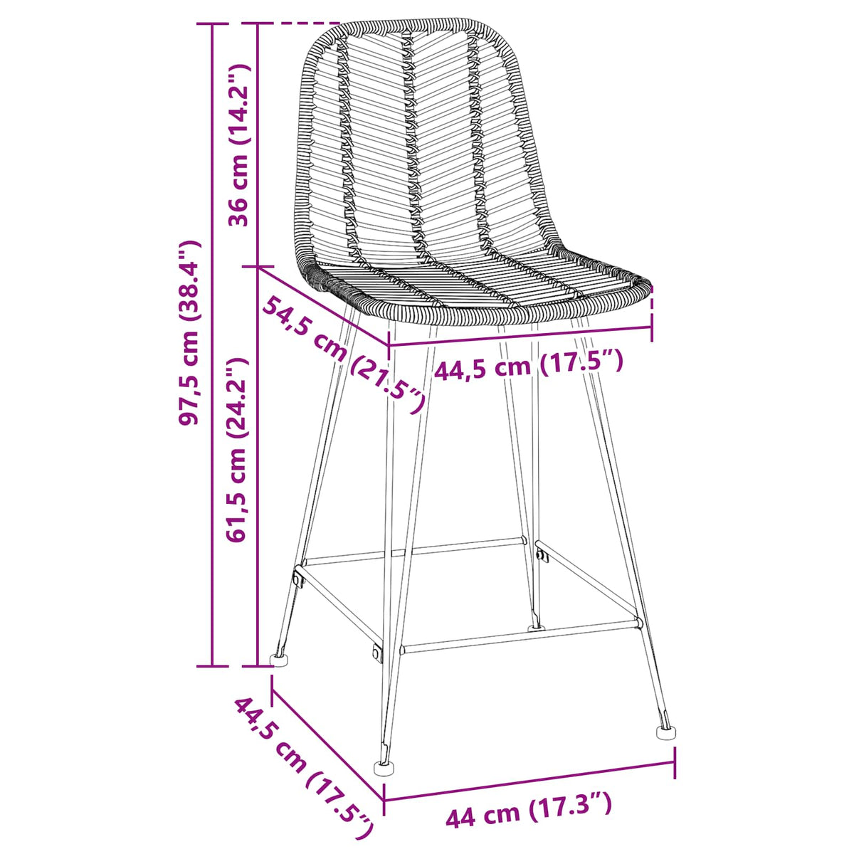 Barstol 2 stk. Sort 44,5 x 54,5 x 97,5 cm Rattan og Jern