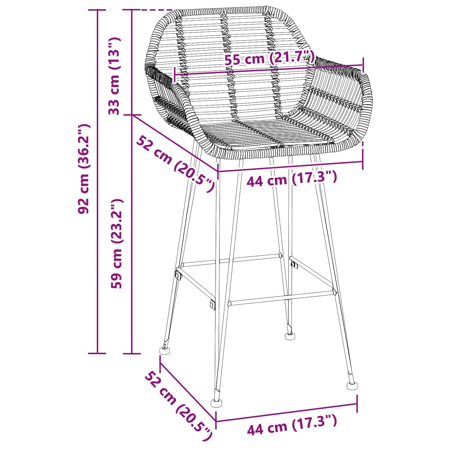 Barstol 2 stk. Sort 55 x 52 x 92 cm Rattan og Jern