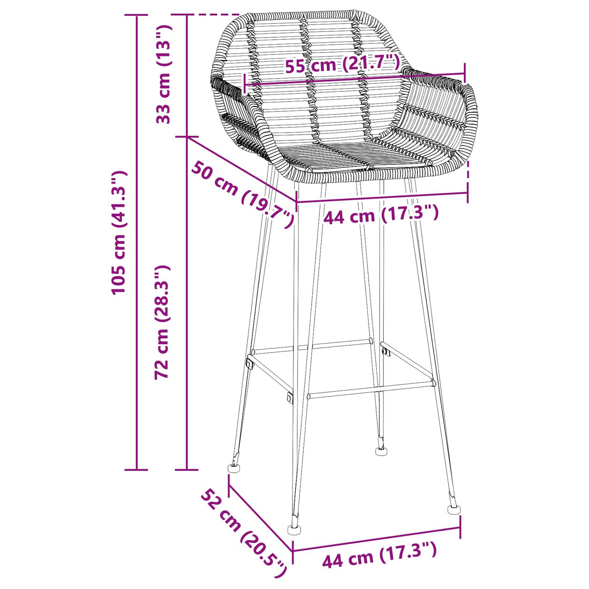 Barstol 2 stk. Sort 55 x 52 x 105 cm Rattan og Jern