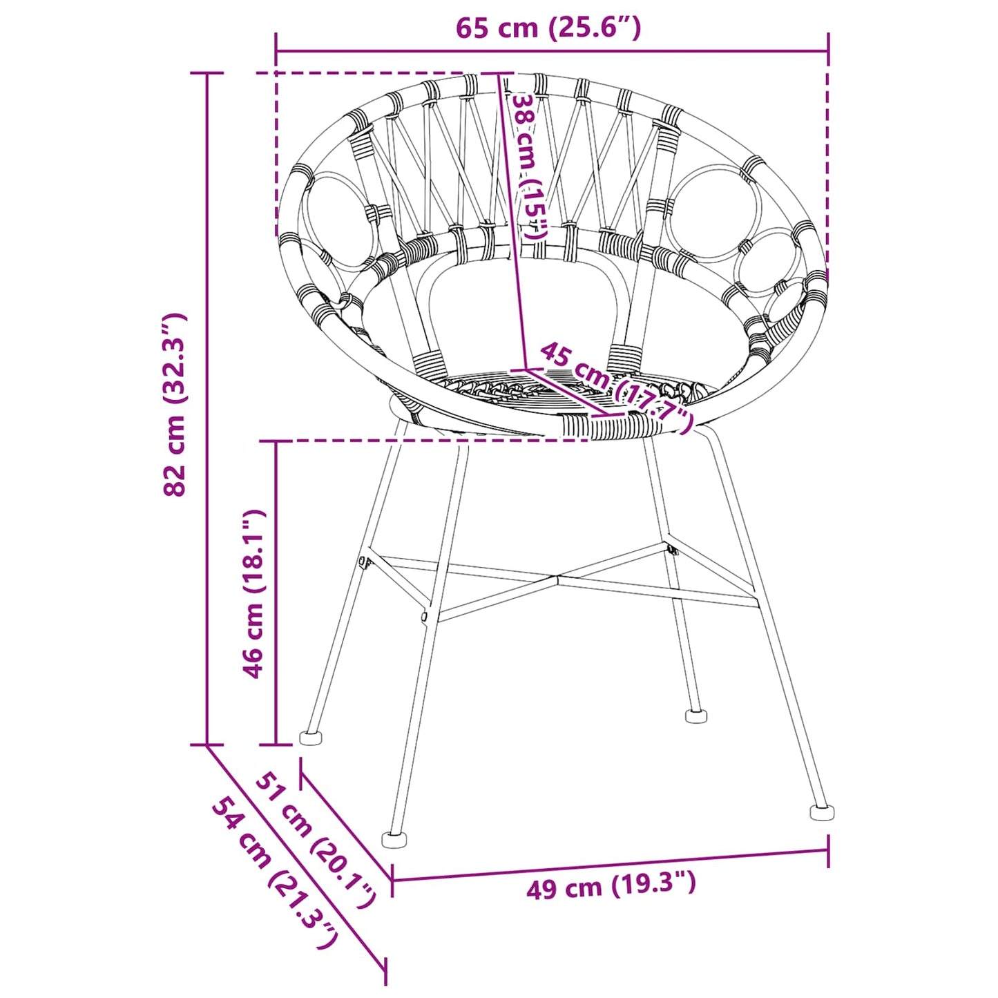 Spisestuestol 2 stk. Rattan og Jern Naturfarvet 54 x 65 x 82 cm