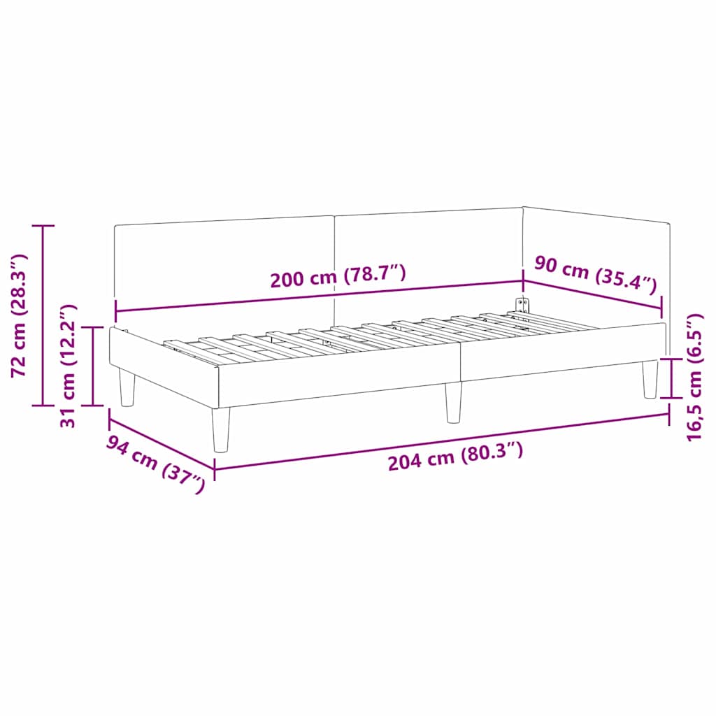 Hjørnesengramme med hovedgærde Sort 90 cm x 200 cm Fløjl