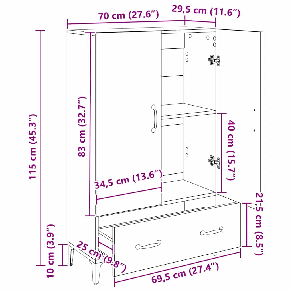 Highboard Sort eg 70 x 31 x 115 cm Ingeniørt træ og jern