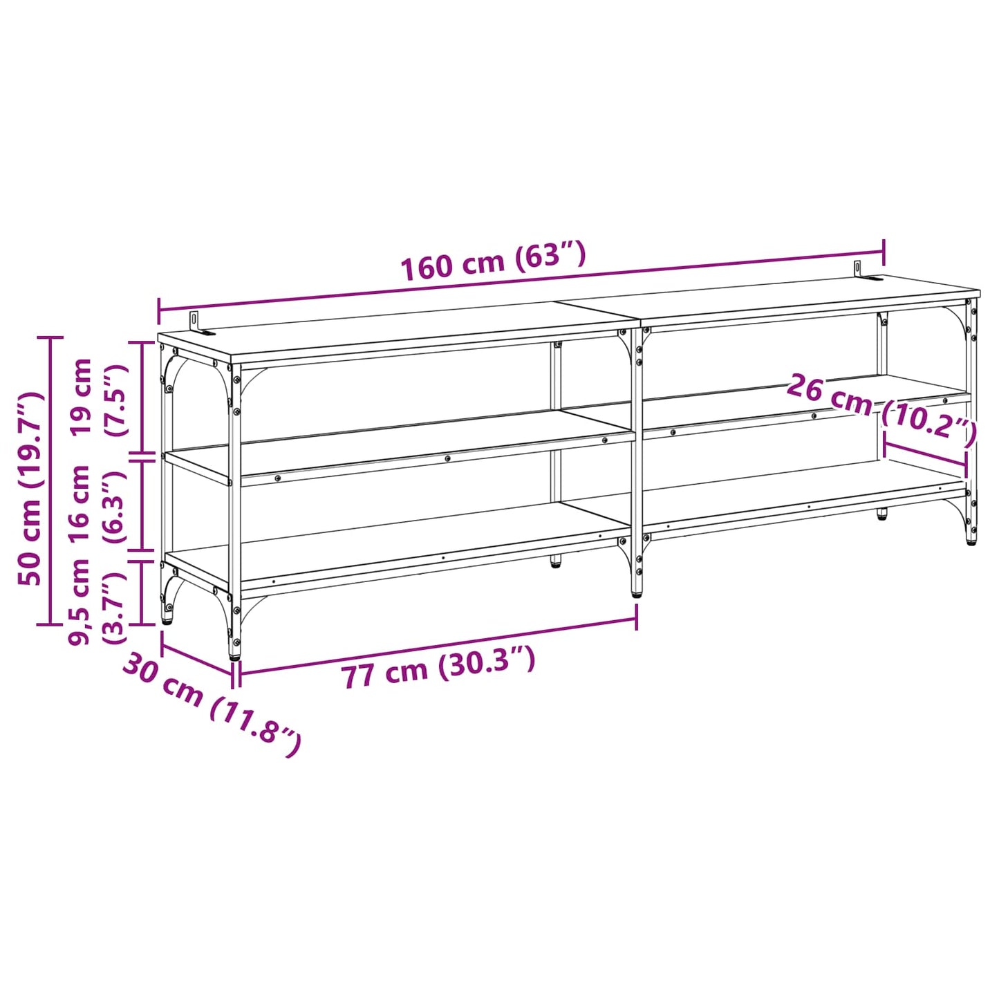 TV-skab 160 x 30 x 50 cm Sort eg Ingeniørt træ og jern