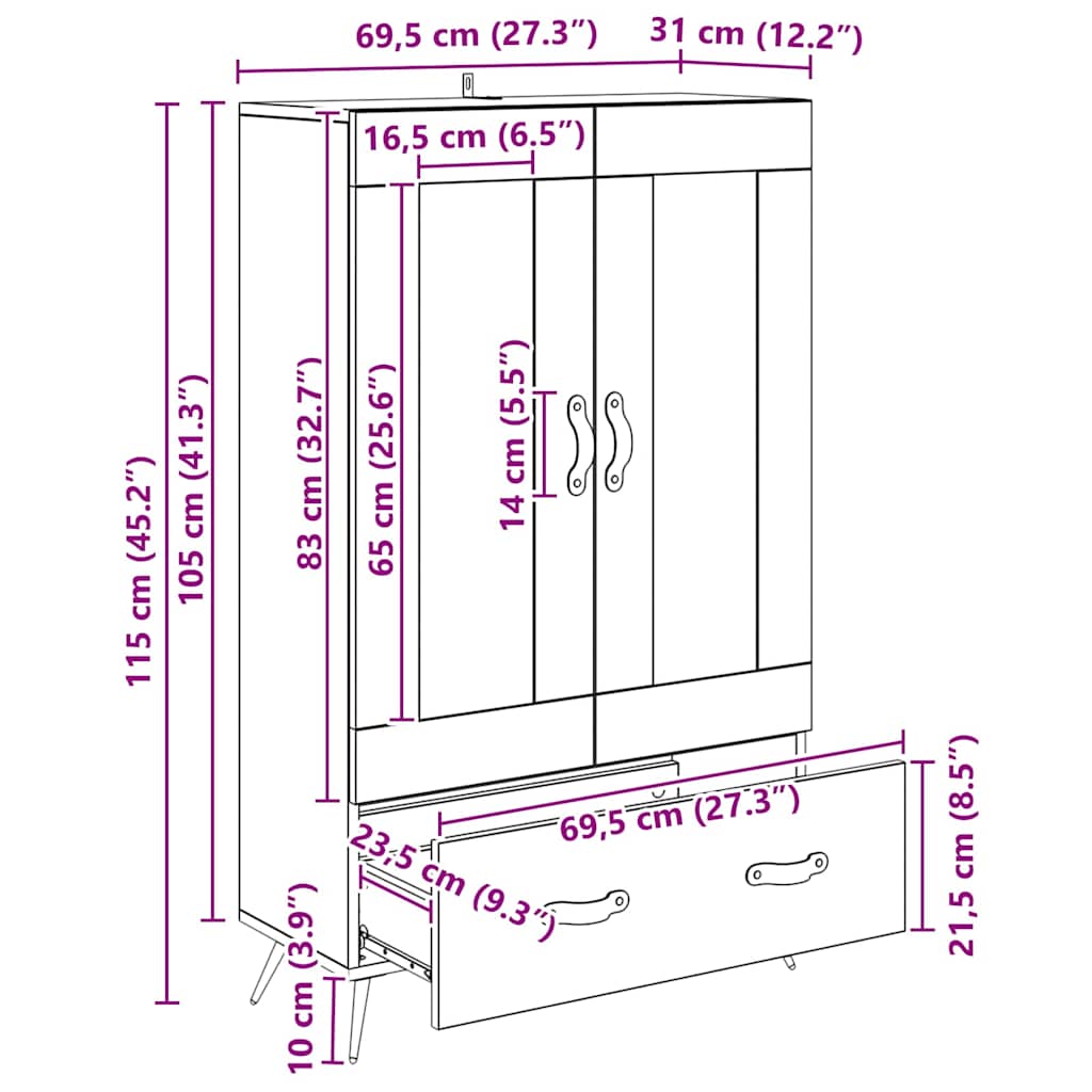 Highboard Gammelt træ 69,5 x 31 x 115 cm Ingeniørtræ og glas