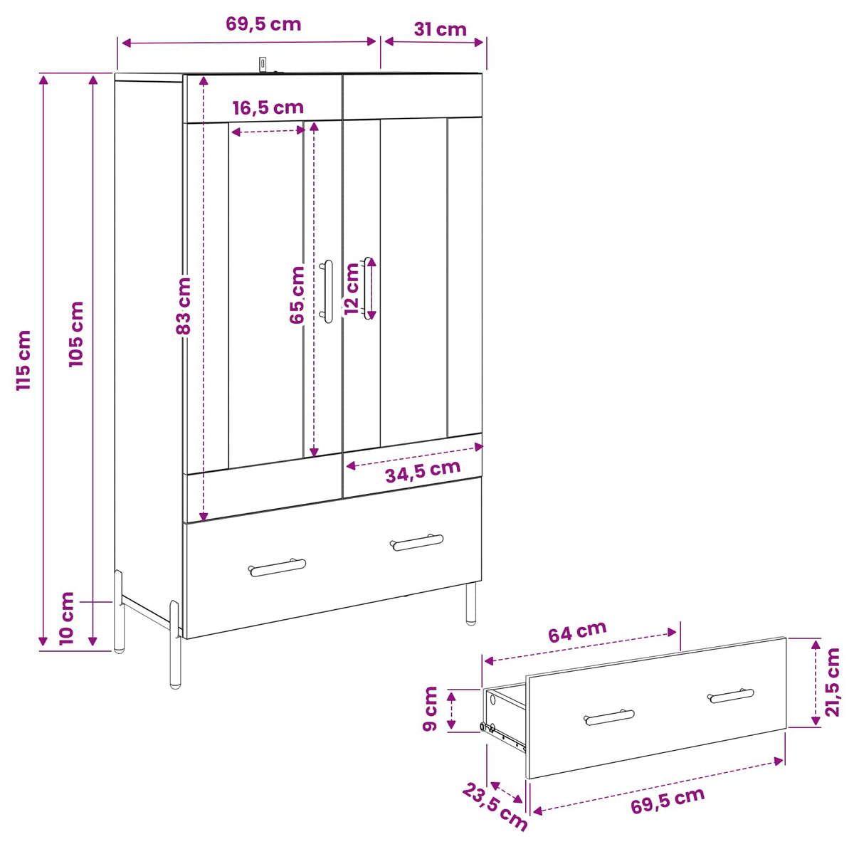 Highboard CORONA Artisan Egetræ 69,5 x 31 x 115 cm