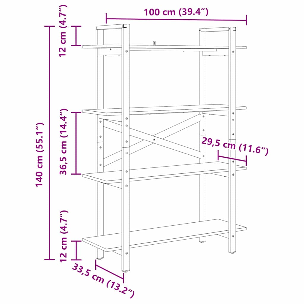 Bogreol 4 niveauer 100 x 33,5 x 140 cm Konstrueret træ Sort eg