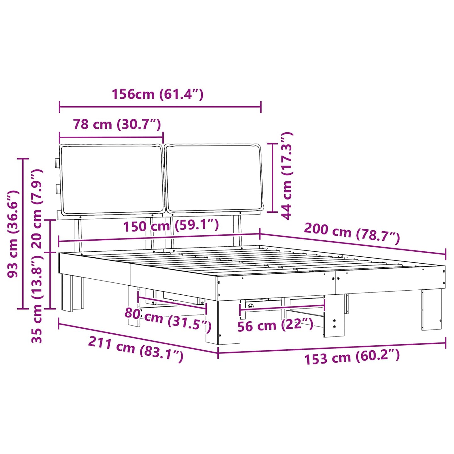 Sengestel med Polstret Hovedgavl Sort 150 x 200 cm