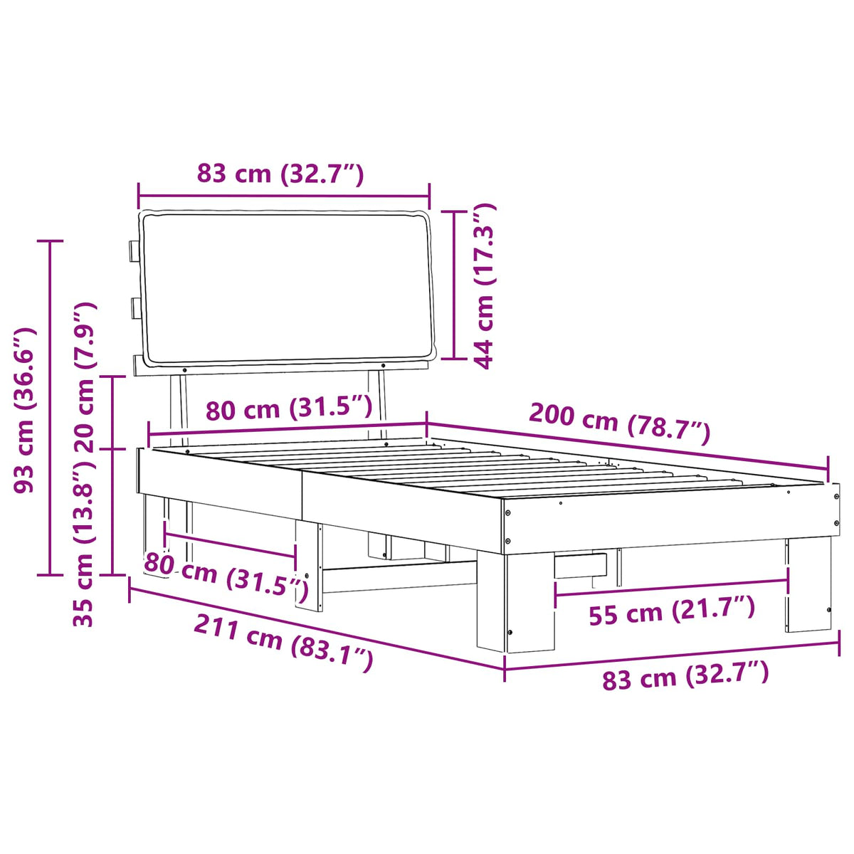 Sengestel med Polstret Hovedgavl Sort 80 x 200 cm