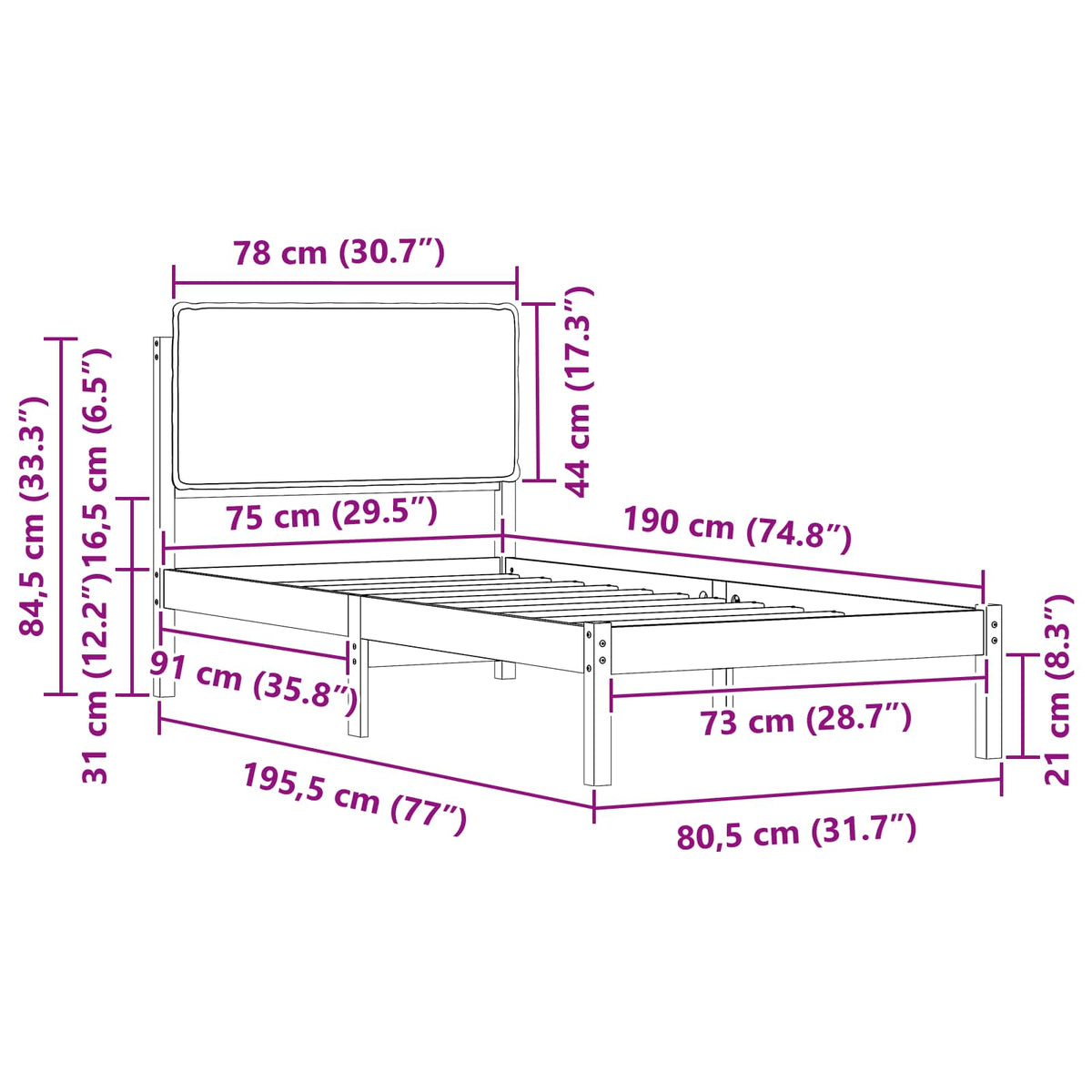 Sengestel med Polstret Hovedgavl Mørkegrå 75 x 190 cm